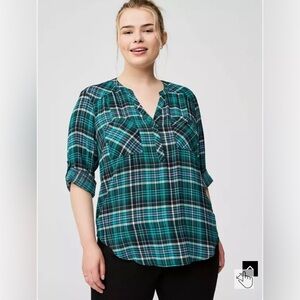 Torrid Harper Plaid Green 3/4 Sleeve Top EUC